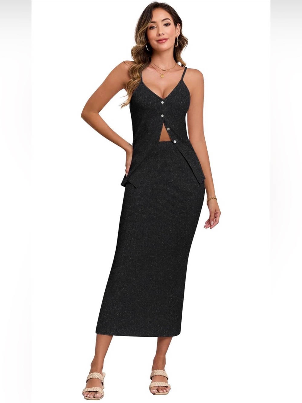 Black Spaghetti-Strap Button Front Top & Midi Skirt L